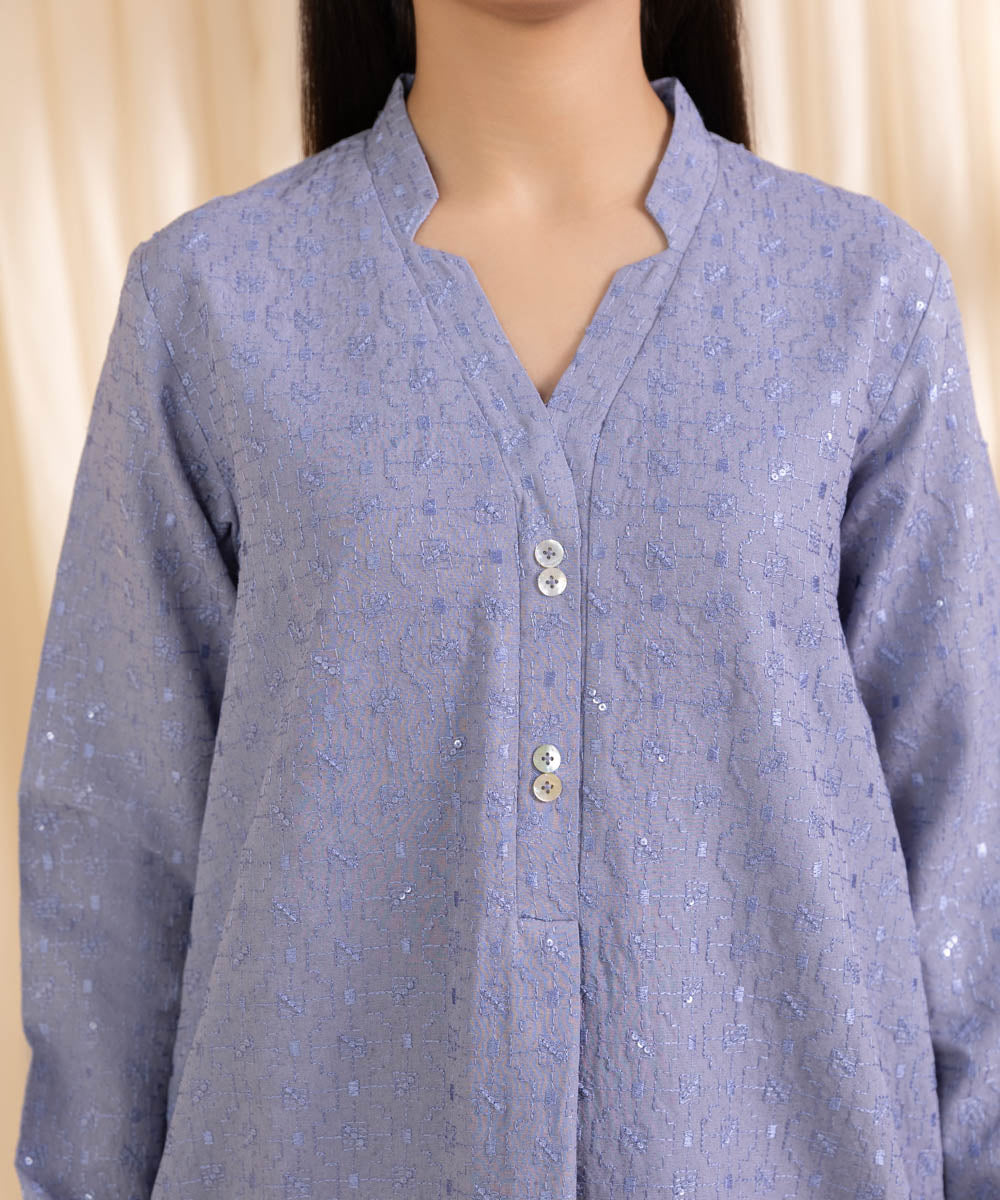 Women's Unstitched Embroidered Sky Blue Cotton Karandi Three Piece Suit