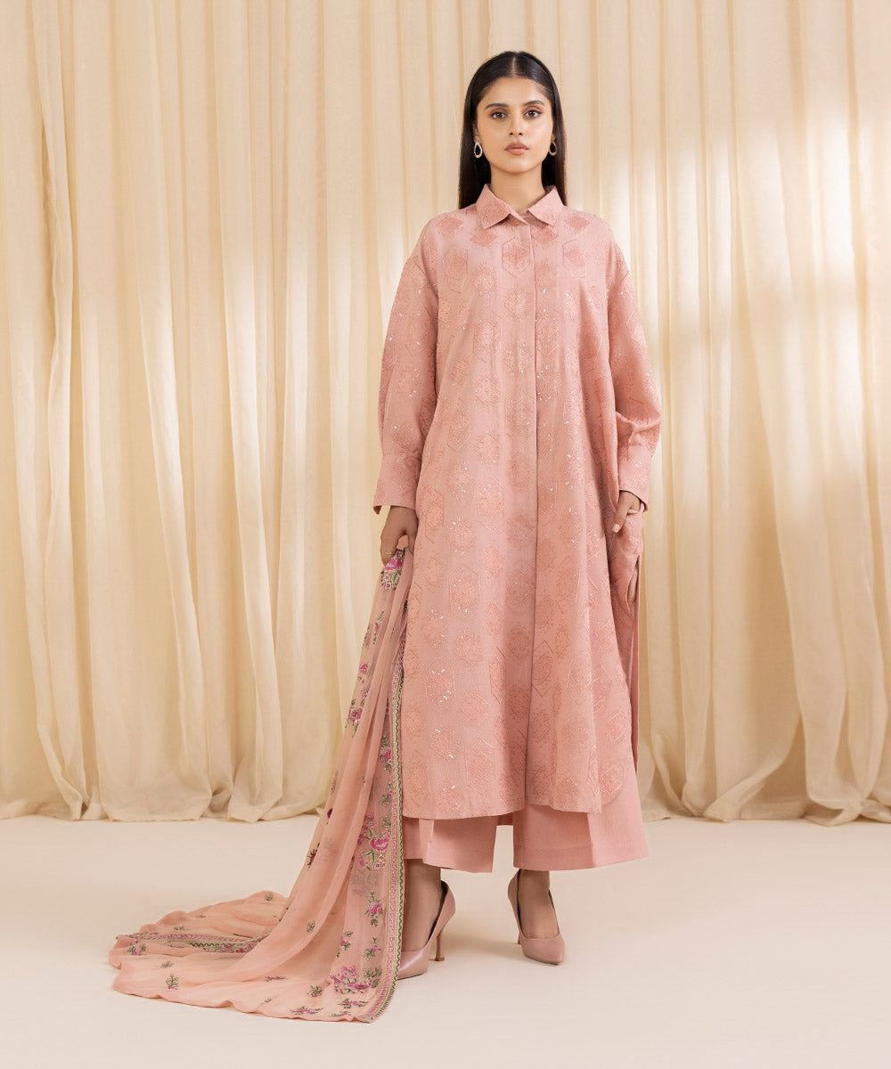 Women's Unstitched Embroidered Peach Cotton Karandi Three Piece Suit