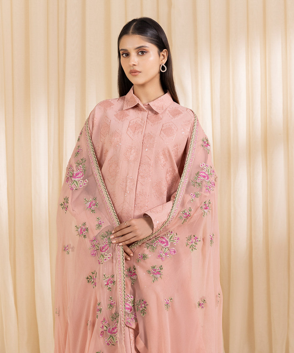 Women's Unstitched Embroidered Peach Cotton Karandi Three Piece Suit