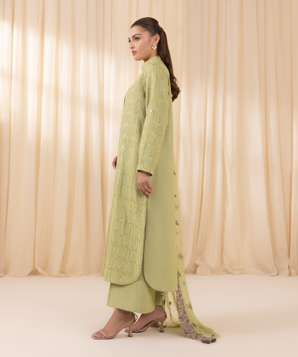 Women's Unstitched Embroidered Pistachio Cotton Karandi Three Piece Suit