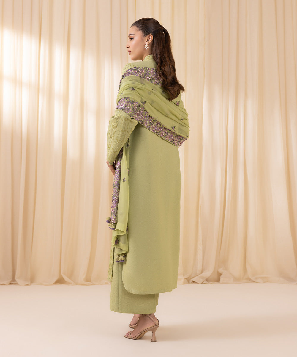 Women's Unstitched Embroidered Pistachio Cotton Karandi Three Piece Suit