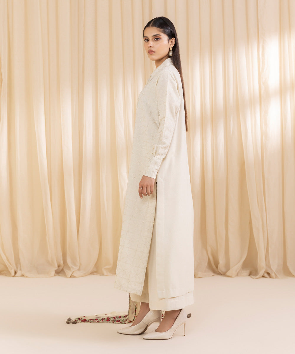 Women's Unstitched Embroidered Off White Cotton Karandi Three Piece Suit