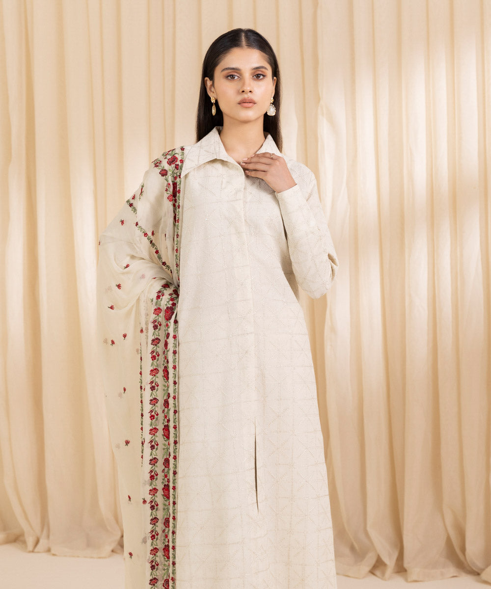 Women's Unstitched Embroidered Off White Cotton Karandi Three Piece Suit