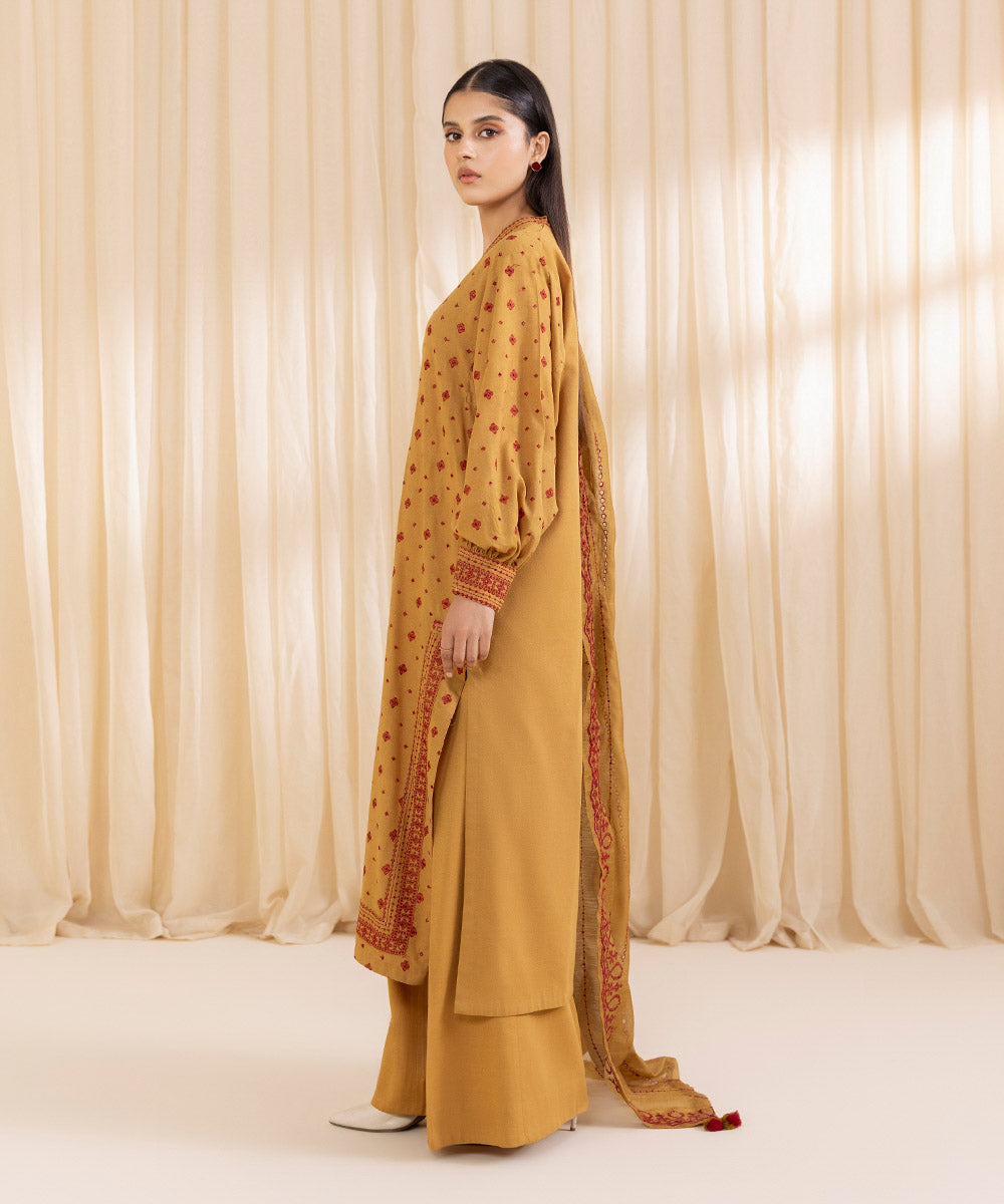 Women's Unstitched Embroidered Mustard Cotton Karandi Three Piece Suit