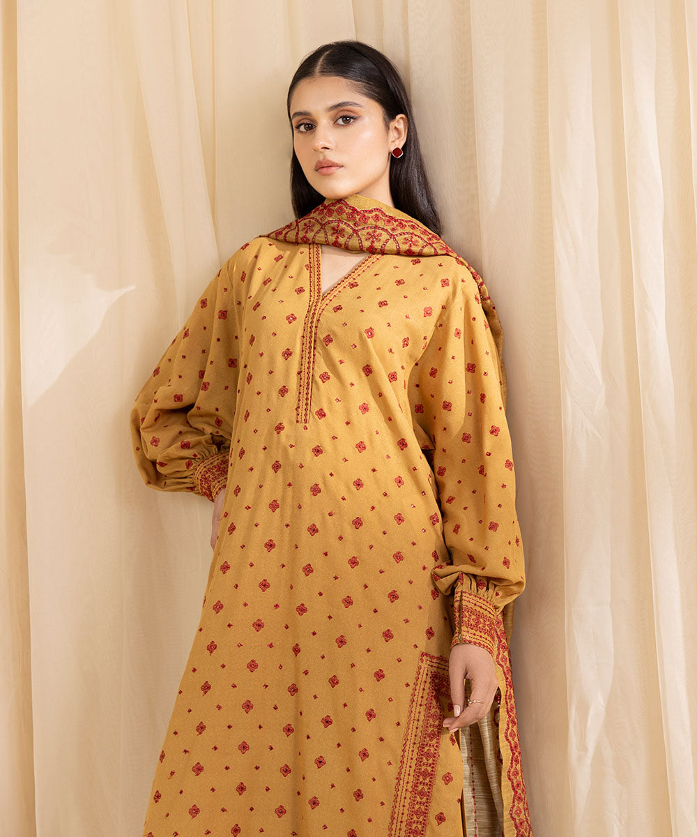 Women's Unstitched Embroidered Mustard Cotton Karandi Three Piece Suit