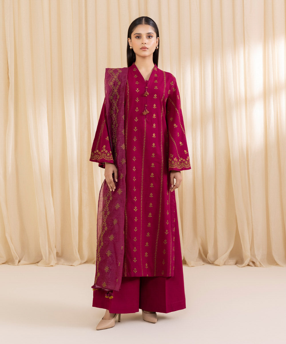 Women's Unstitched Embroidered Dark Raspberry Dobby Three Piece Suit