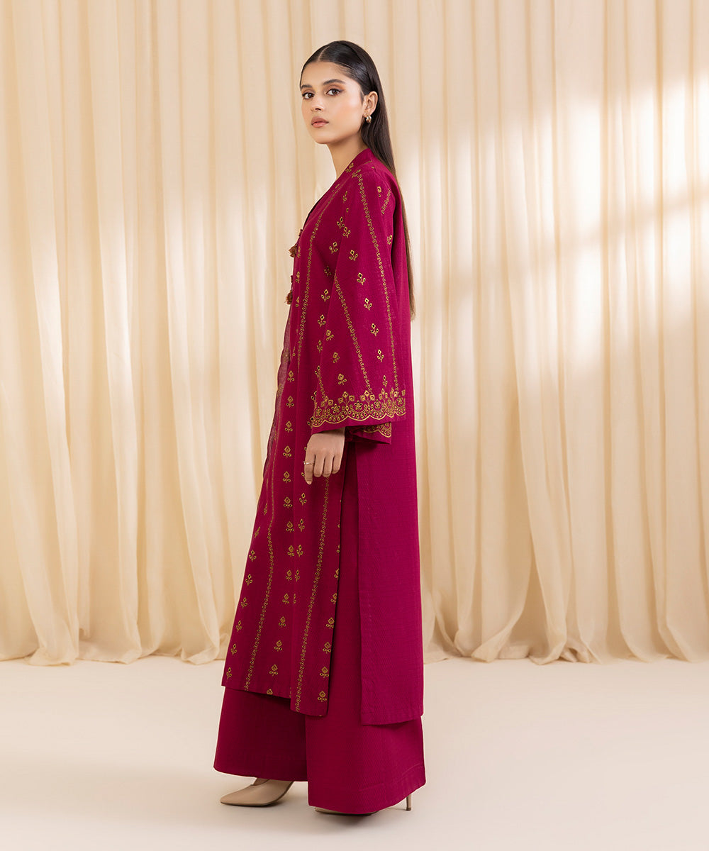 Women's Unstitched Embroidered Dark Raspberry Dobby Three Piece Suit