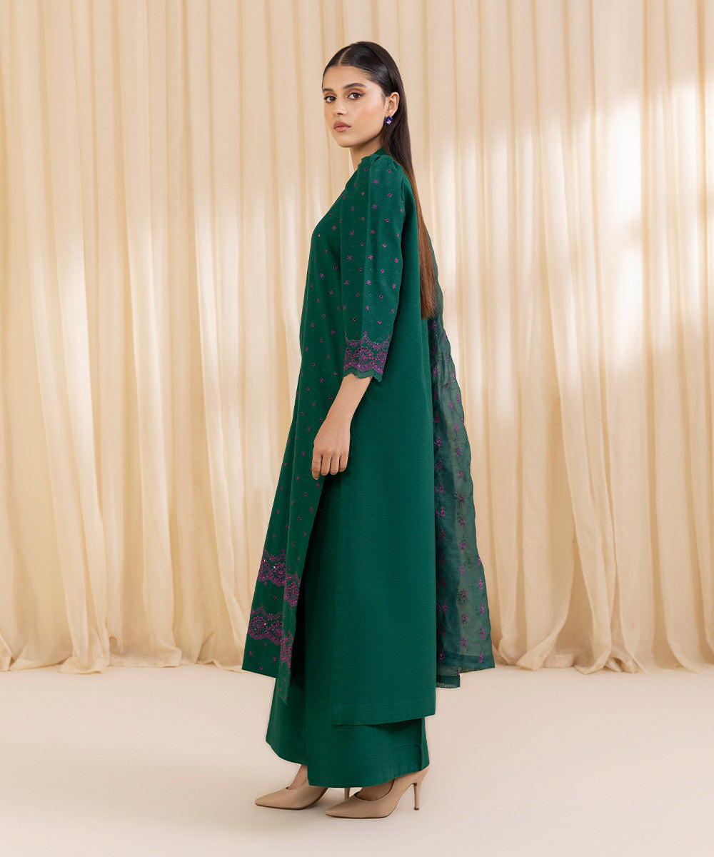 Women's Unstitched Embroidered Forest Green Dobby Three Piece Suit