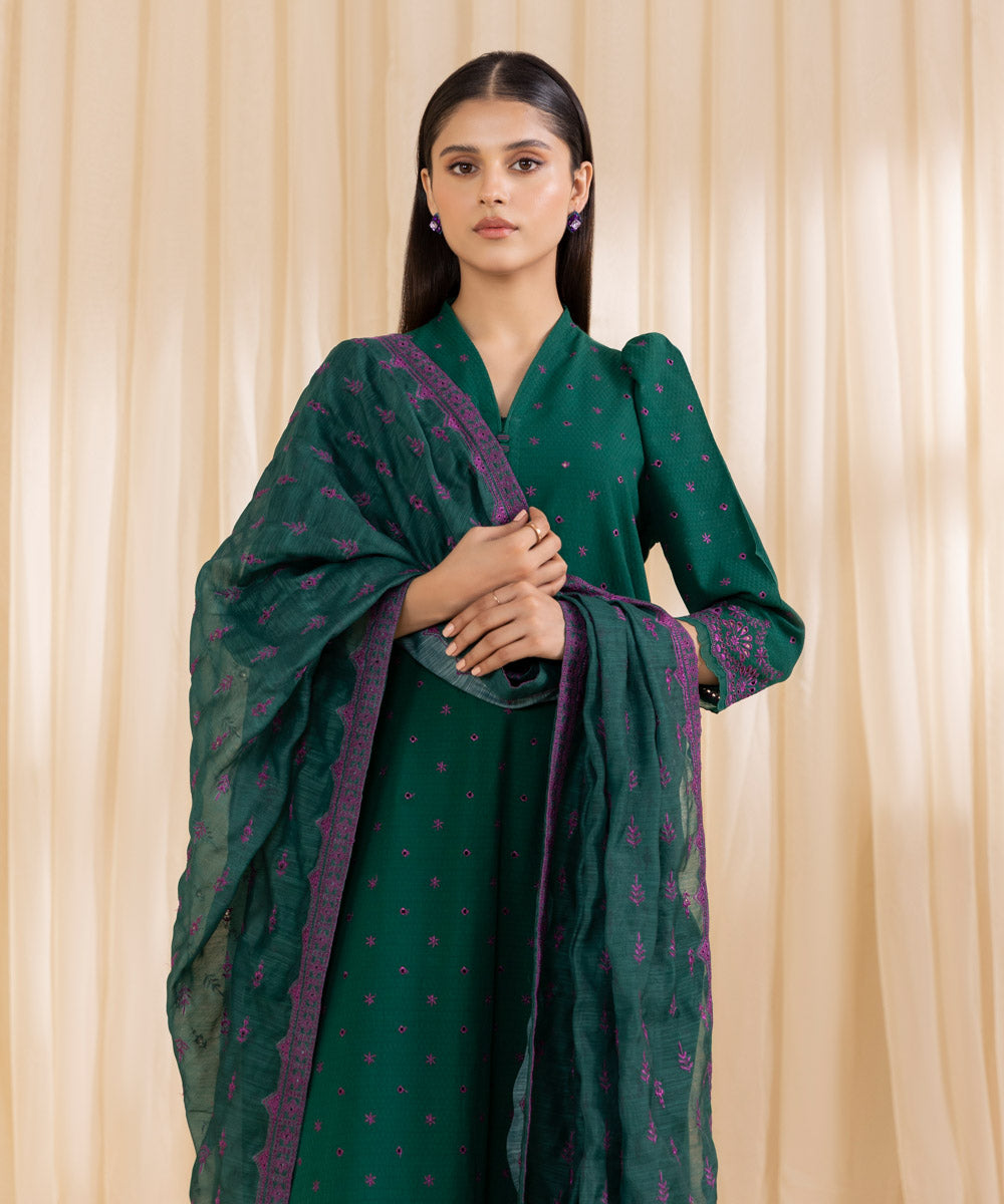 Women's Unstitched Embroidered Forest Green Dobby Three Piece Suit