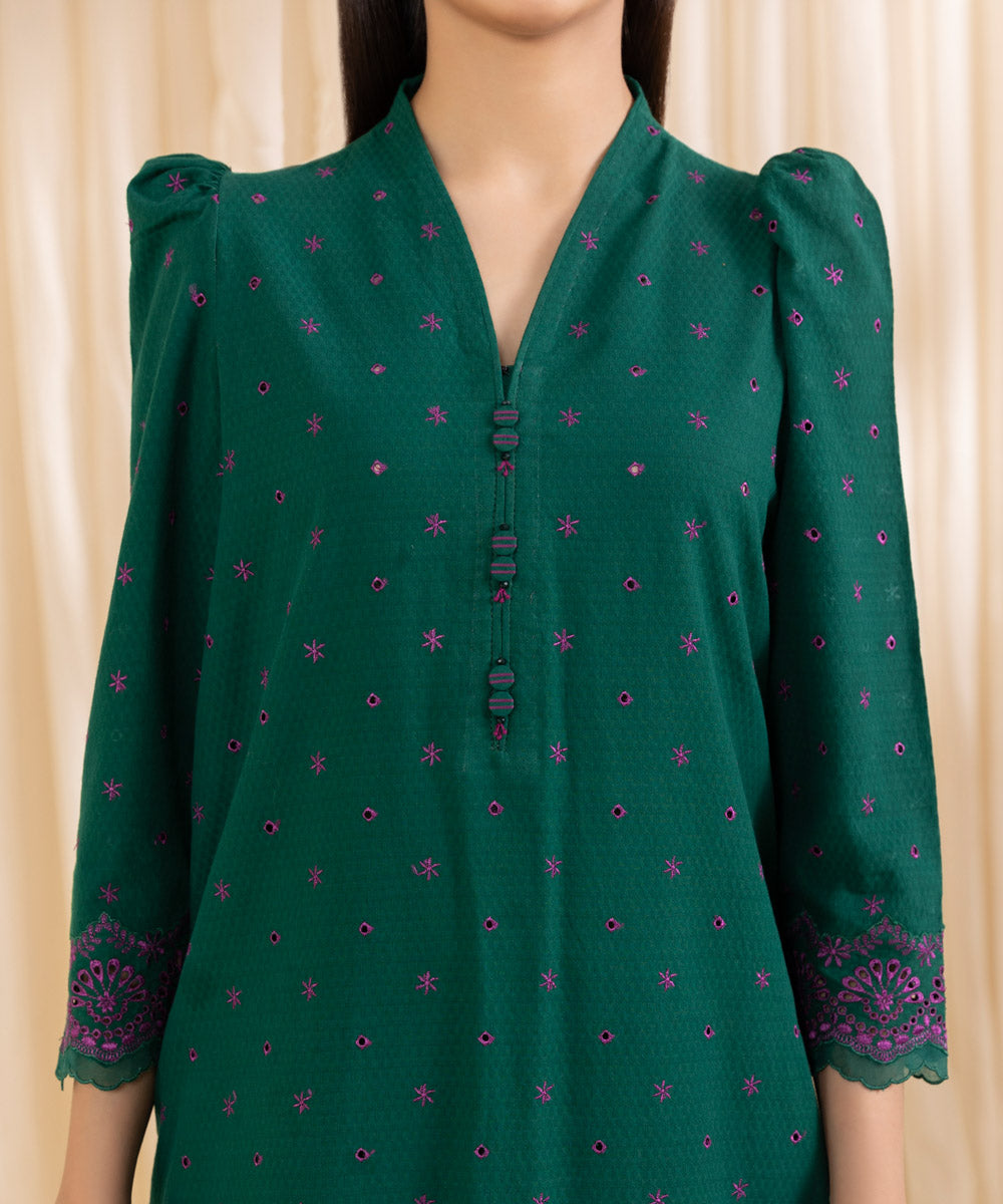 Women's Unstitched Embroidered Forest Green Dobby Three Piece Suit