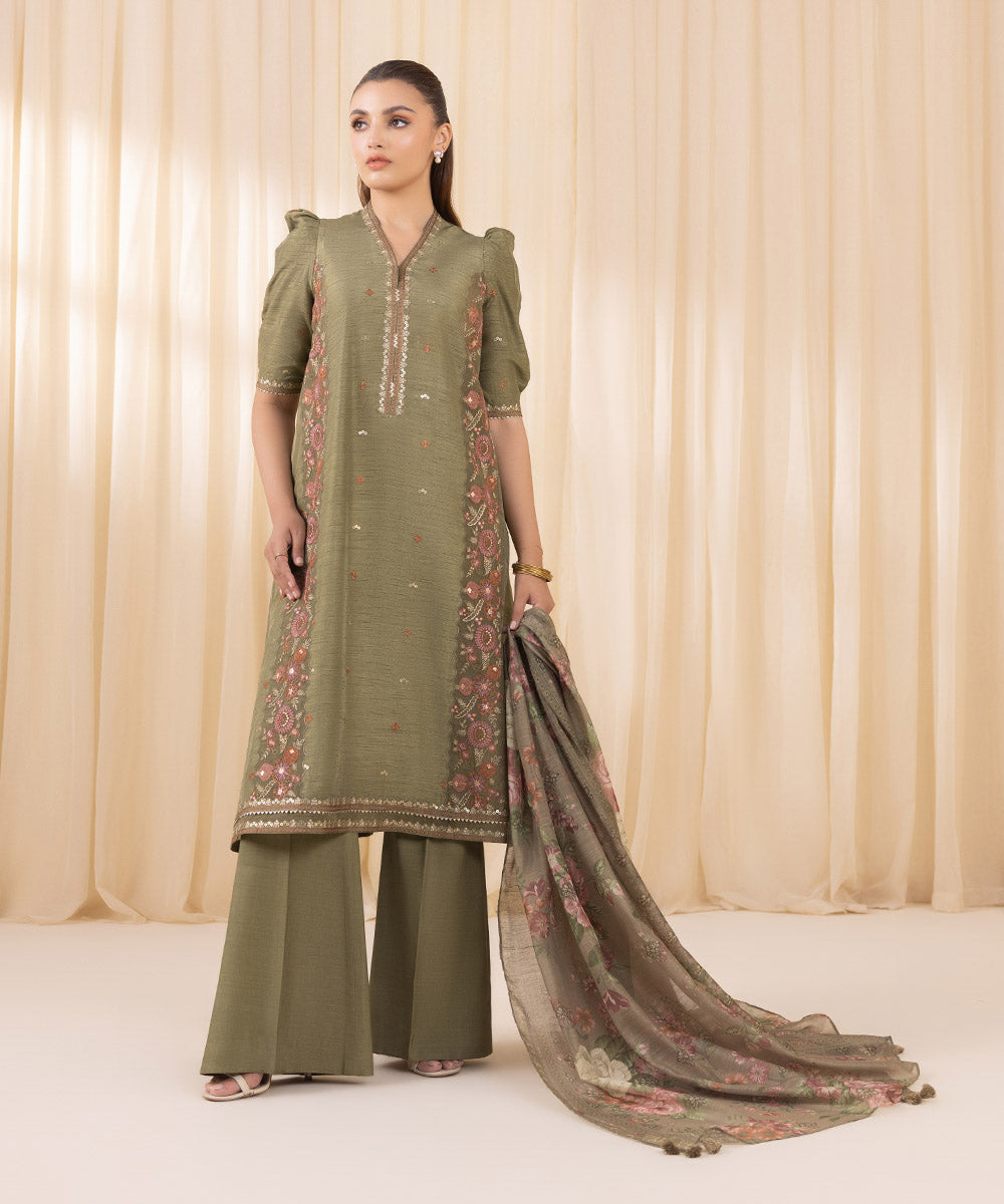 Women's Unstitched Moss Green Raw Silk Three Piece Suit