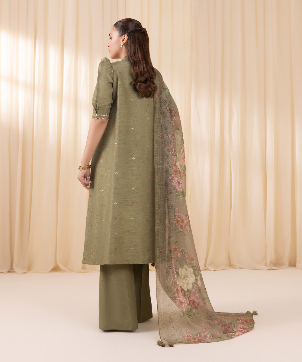 Women's Unstitched Moss Green Raw Silk Three Piece Suit