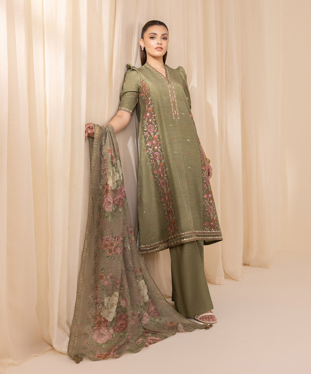 Women's Unstitched Moss Green Raw Silk Three Piece Suit