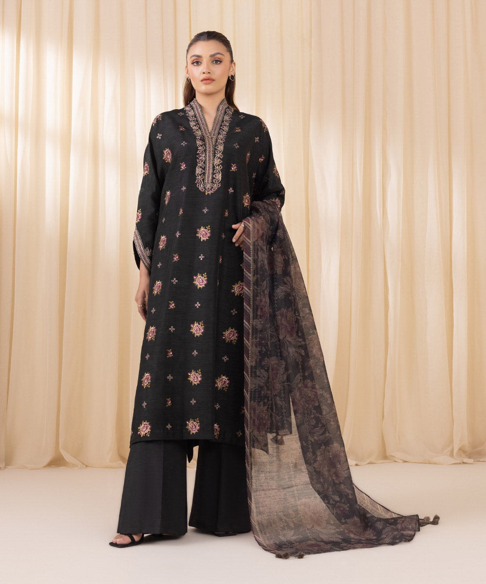 Women's Unstitched Black Raw Silk Three Piece Suit