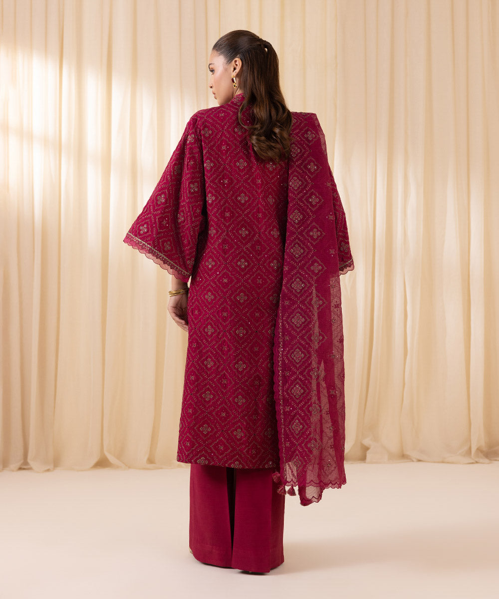 Women's Unstitched Berry Raw Silk Three Piece Suit