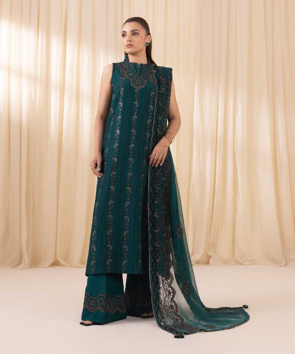 Women's Unstitched Emerald Green Raw Silk Three Piece Suit