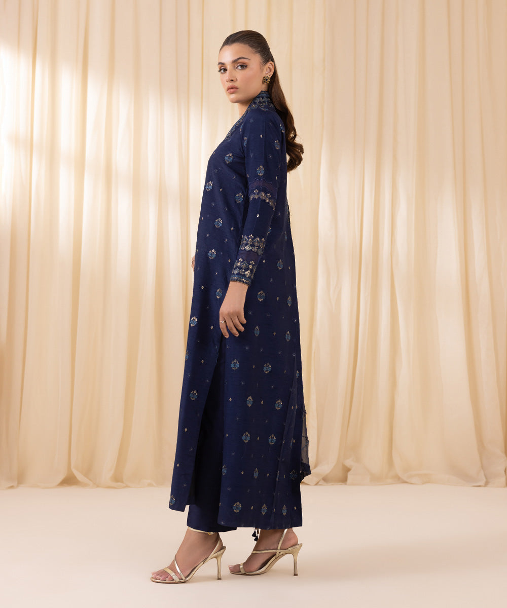 Women's Unstitched Navy Blue Raw Silk Three Piece Suit