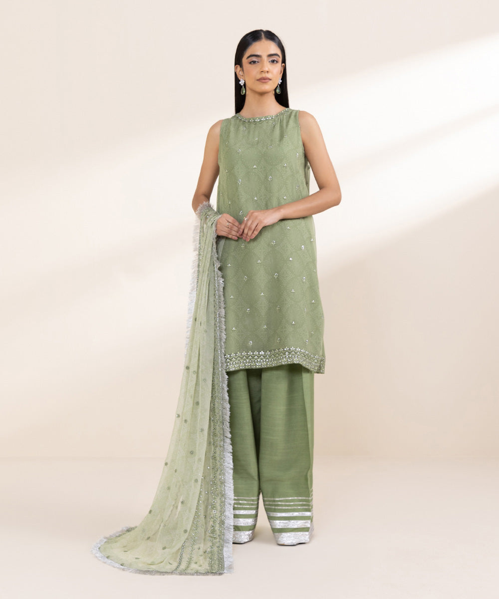 Women's Unstitched Embroidered Moss Green Viscose Chiffon Three Piece Suit