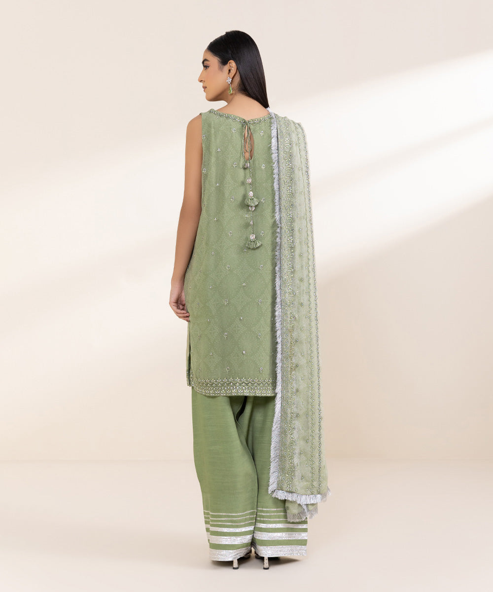 Women's Unstitched Embroidered Moss Green Viscose Chiffon Three Piece Suit