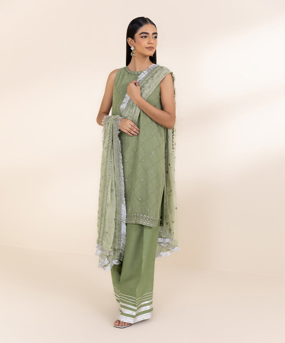 Women's Unstitched Embroidered Moss Green Viscose Chiffon Three Piece Suit