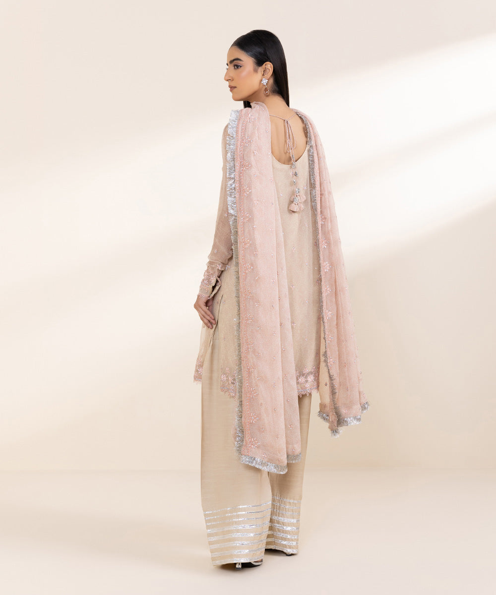 Women's Unstitched Embroidered Beige Viscose Chiffon Three Piece Suit