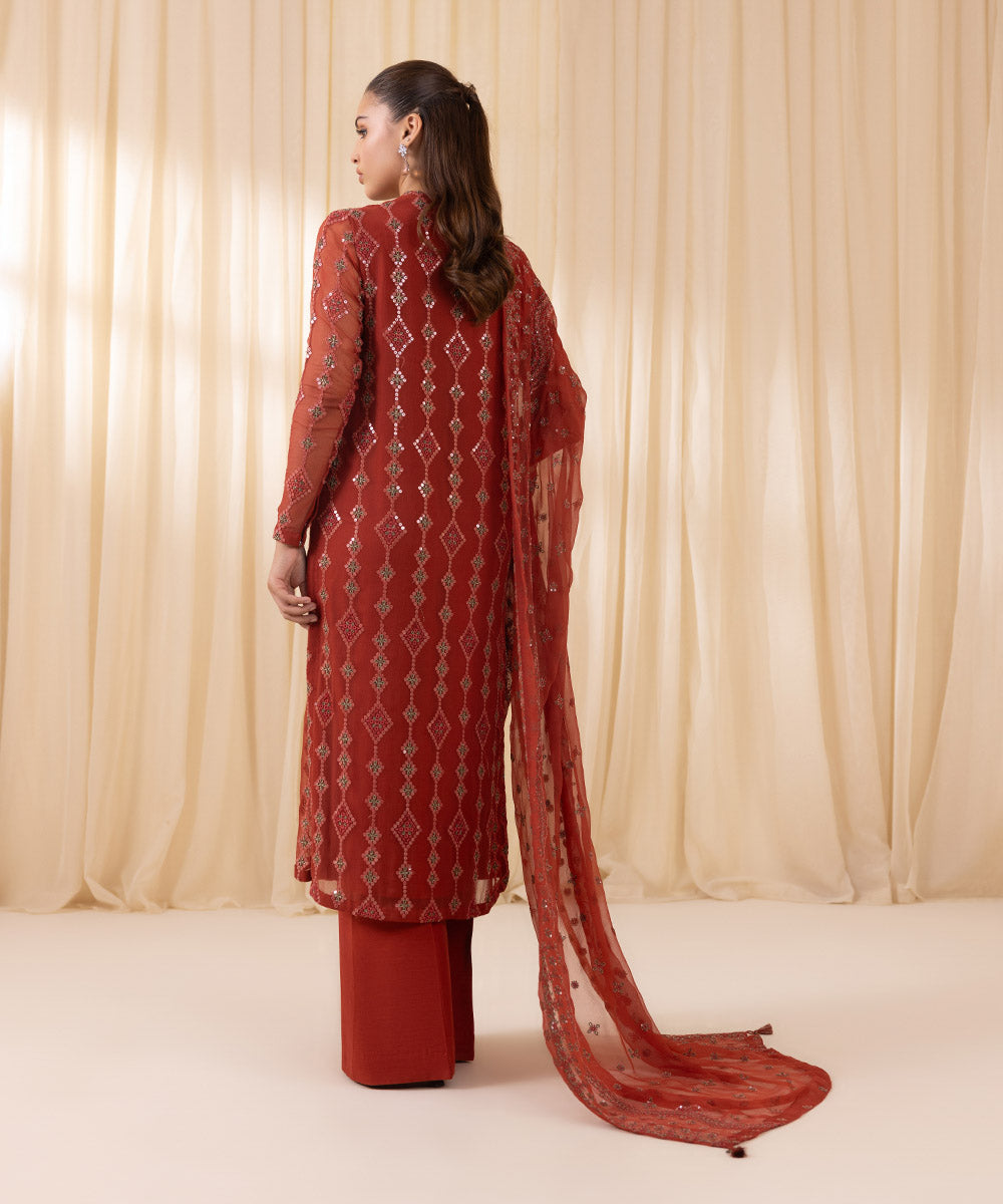 Women's Unstitched Rust Viscose Chiffon Three Piece Suit