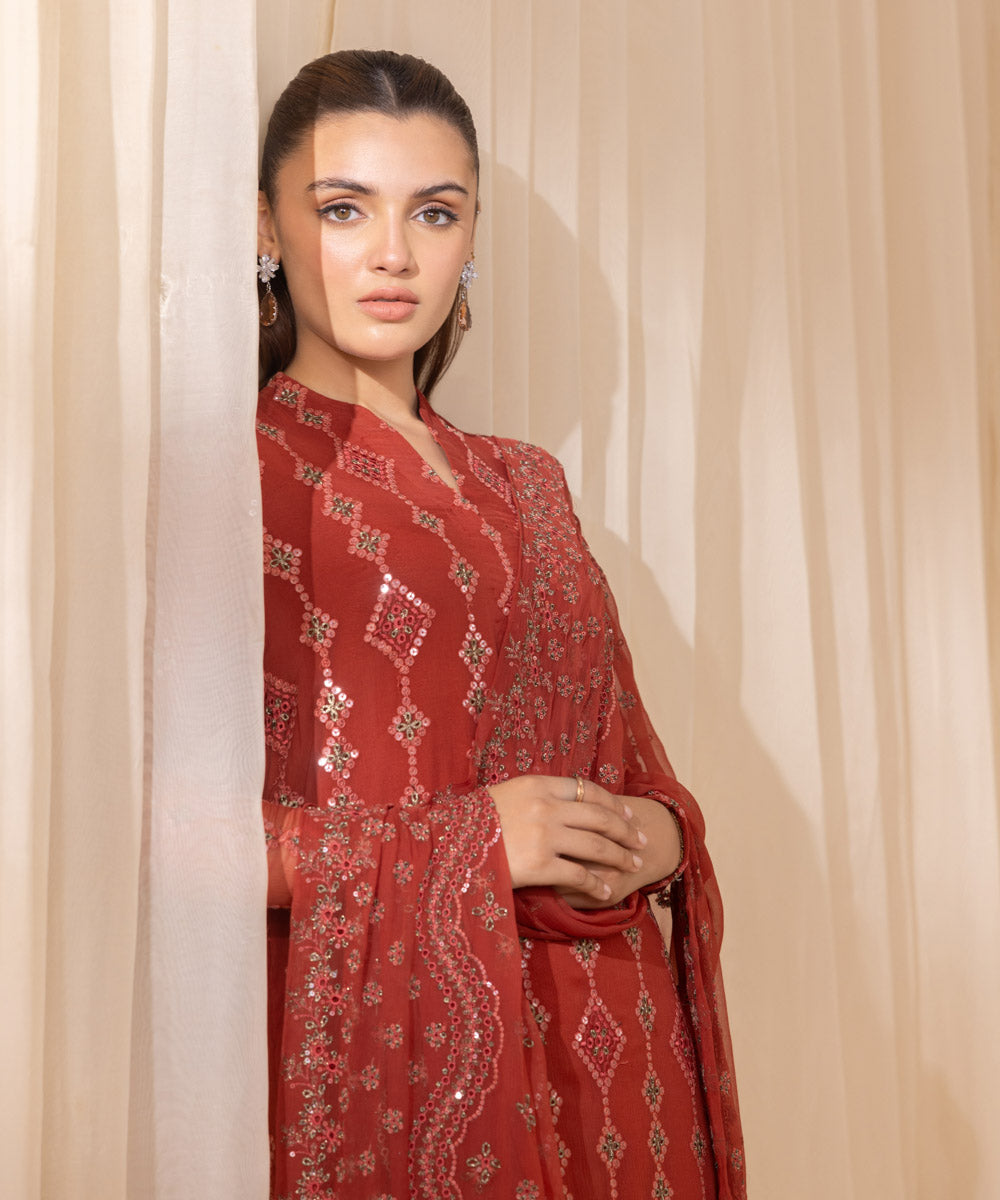 Women's Unstitched Rust Viscose Chiffon Three Piece Suit