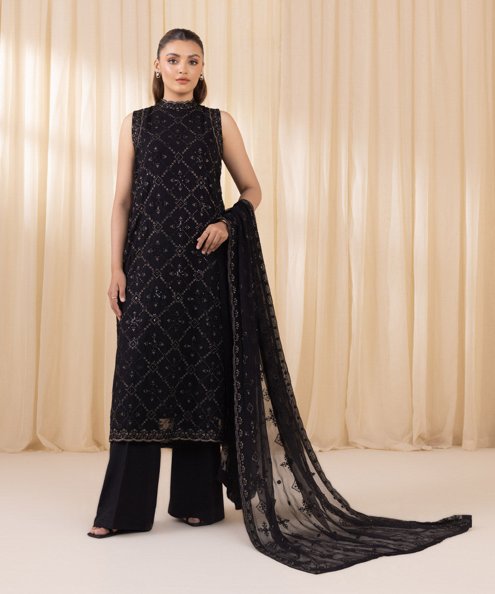 Women's Unstitched Black Viscose Chiffon Three Piece Suit