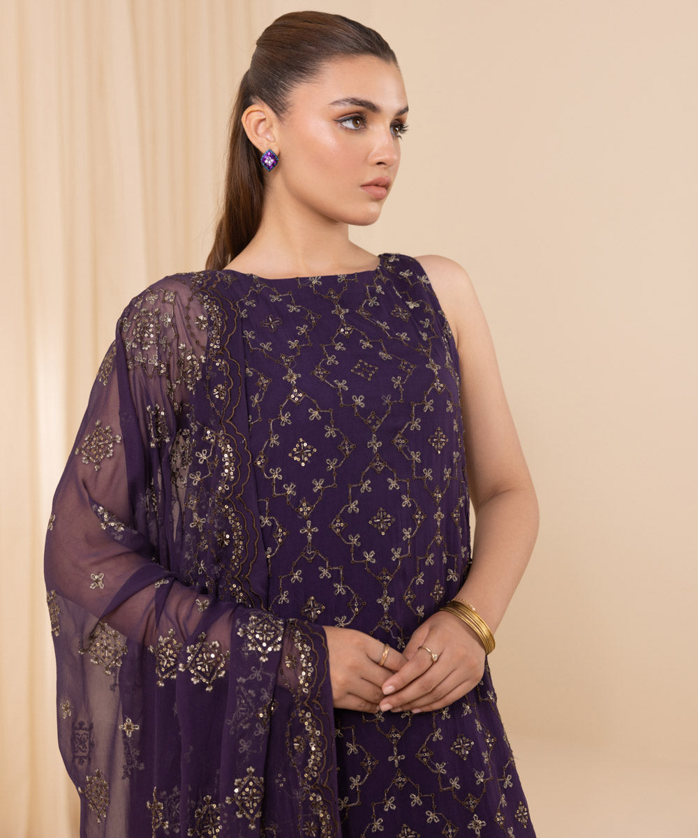 Women's Unstitched Purple Viscose Chiffon Three Piece Suit