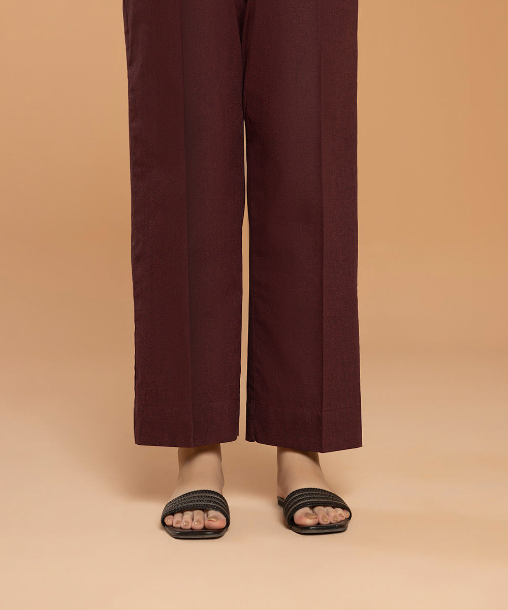Pret Women's Textured Cotton Solid Red Trousers