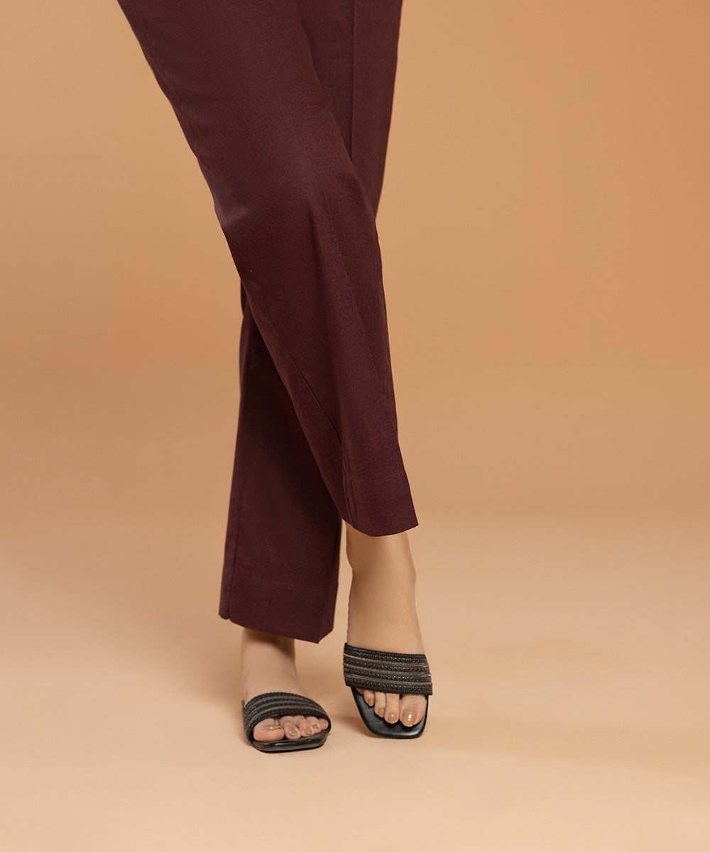Pret Women's Textured Cotton Solid Red Trousers