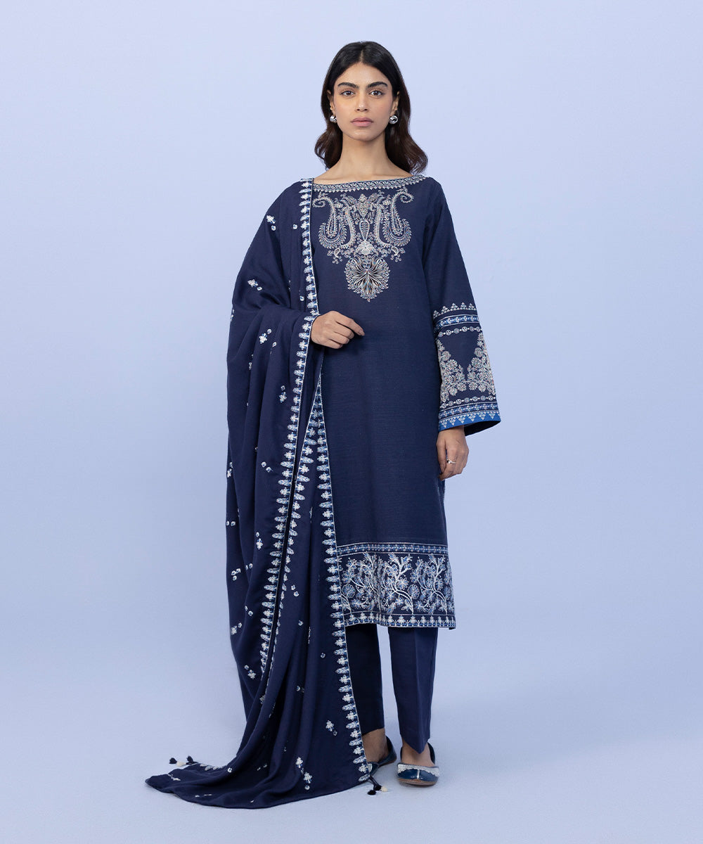 Women's Embroidered Blue Blended Viscose Shawl