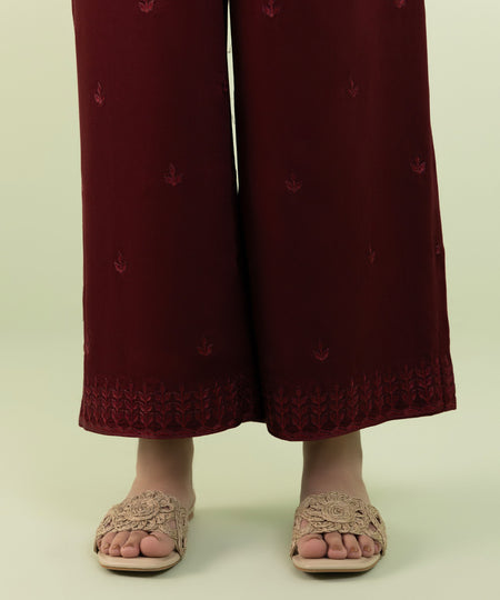 Women's Pret Cottel Solid Embroidered Red Culottes