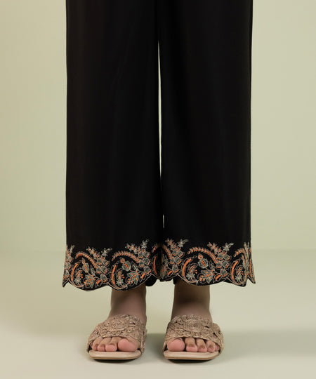 Women's Pret Cottel Solid Embroidered Black Culottes
