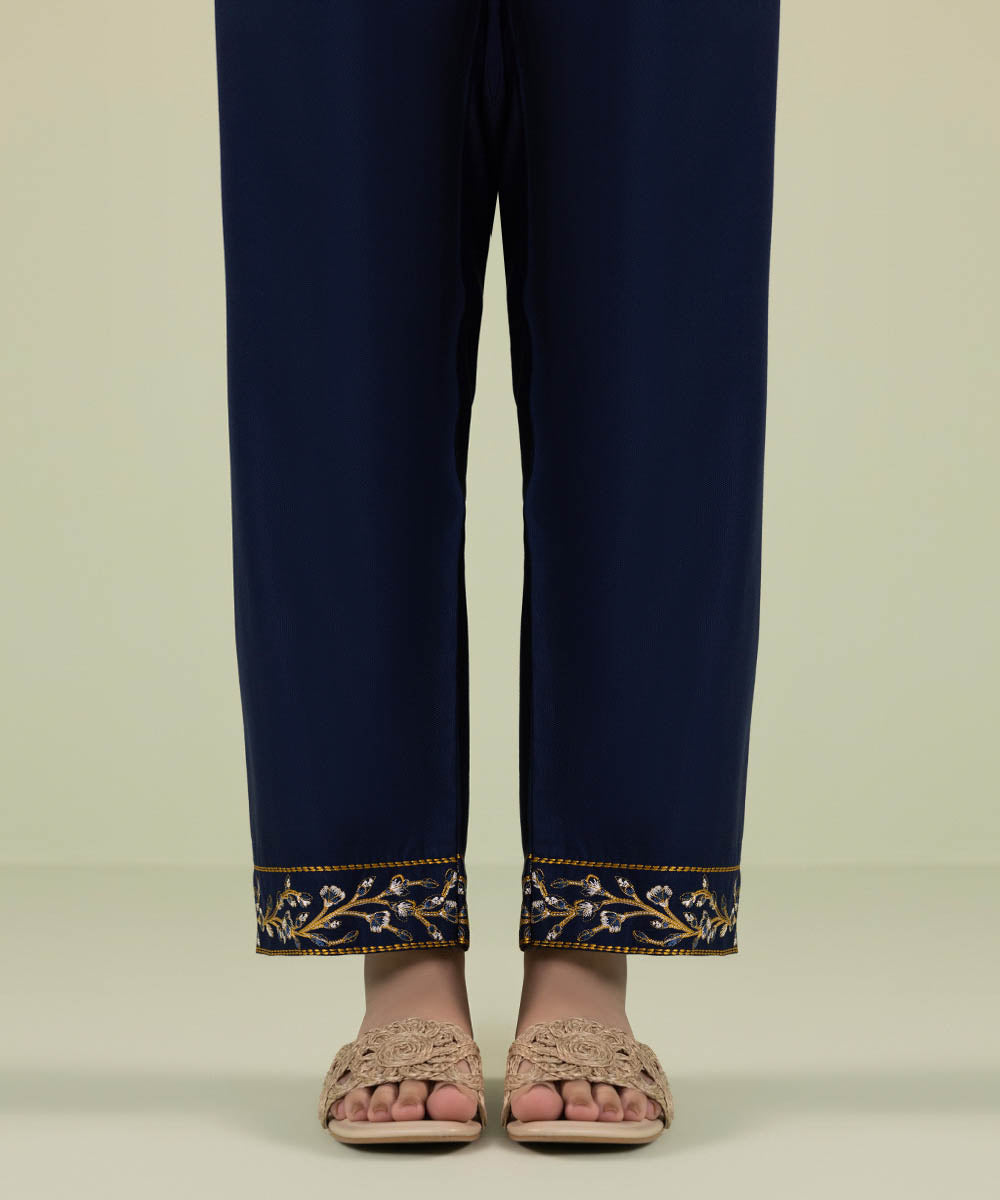 Women's Pret Cottel Solid Embroidered Blue Straight Pants