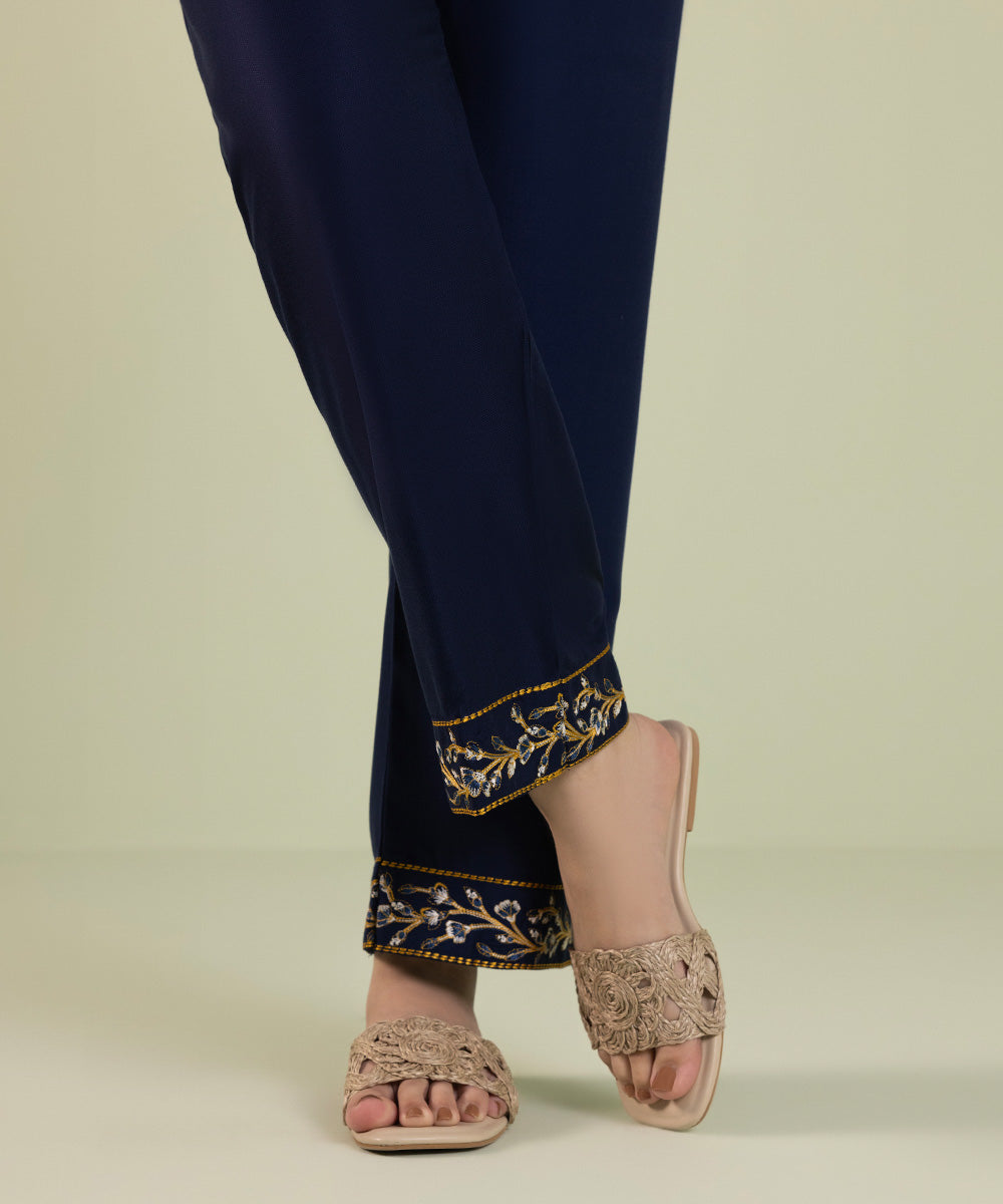 Women's Pret Cottel Solid Embroidered Blue Straight Pants