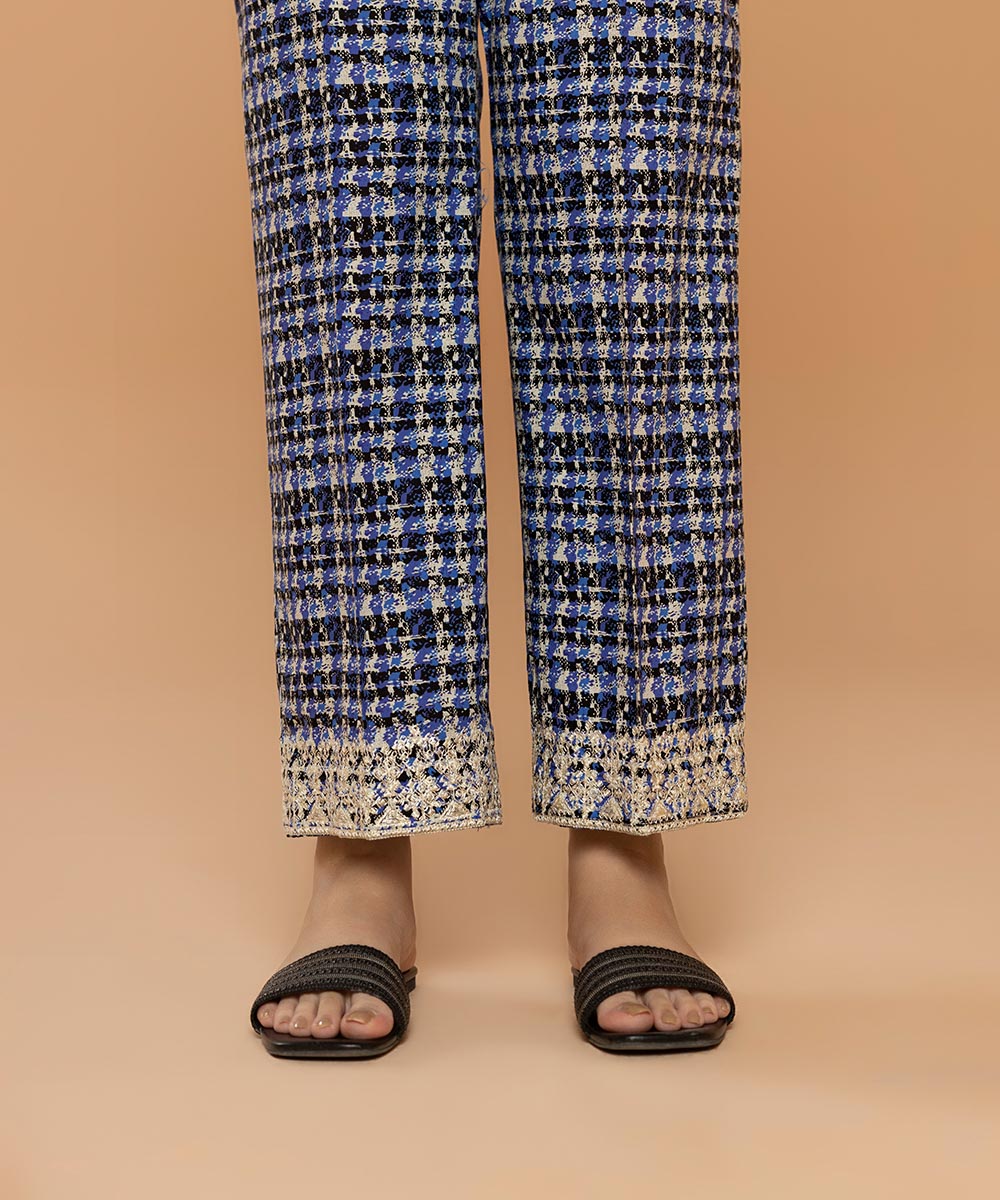 Women's Pret Embroidered Cambric Blue Straight Pants