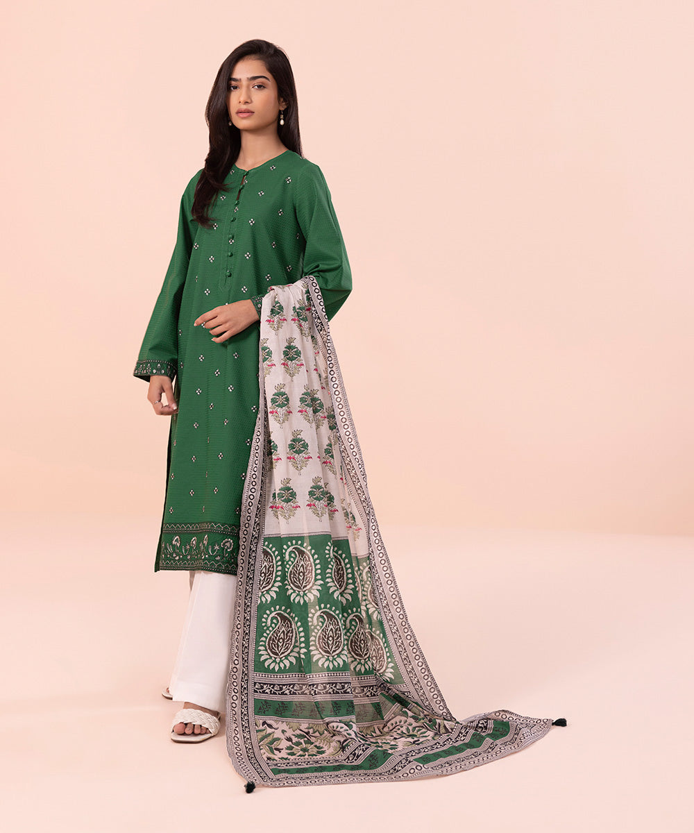 Women's Pret Independence Day Printed Textured Voile Green Dupatta