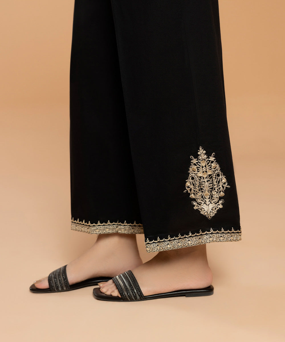 Women's Pret Embroidered Cambric Black Culottes
