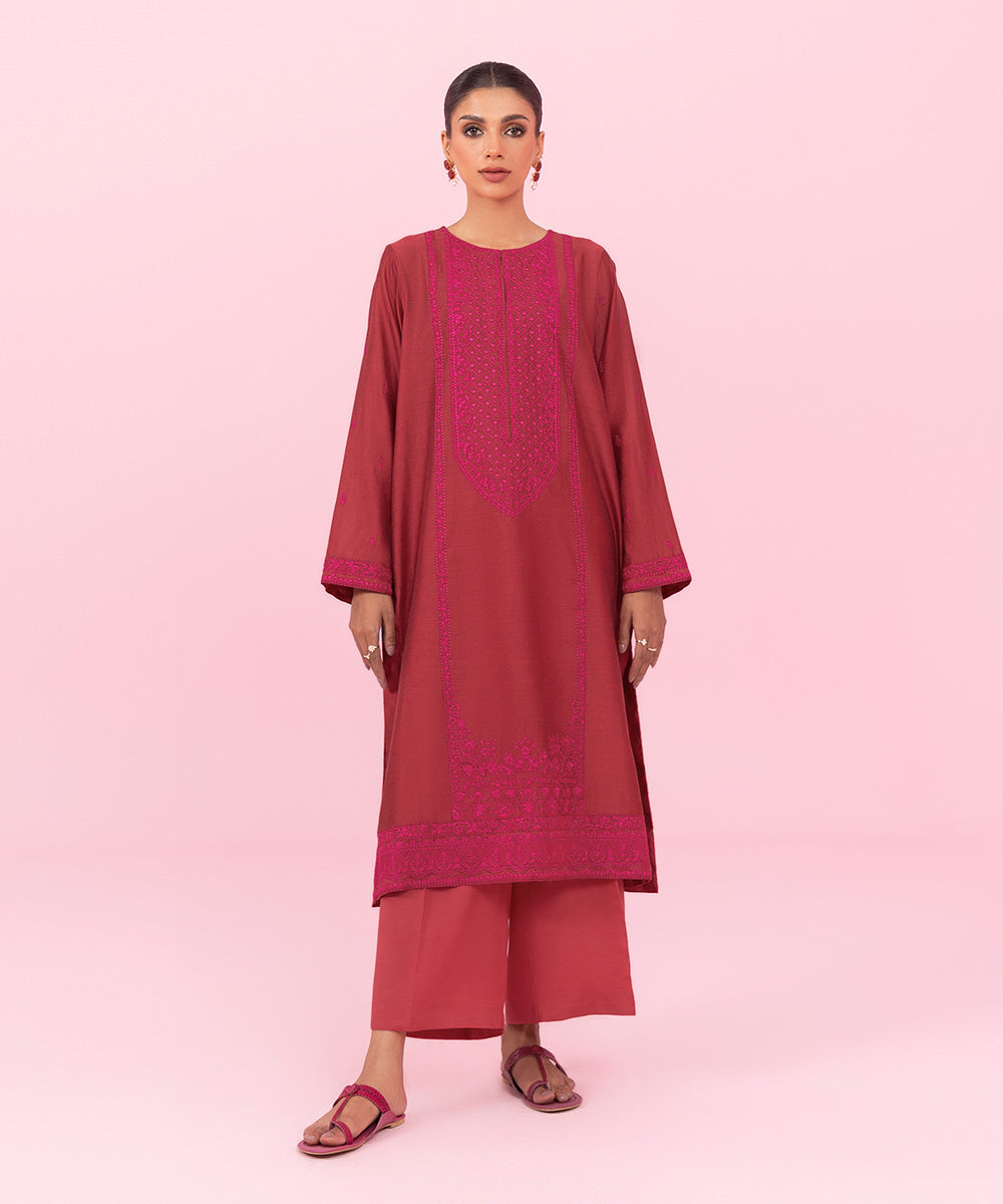 Women's Festive Pret Embroidered Silk Cotton Net Red 2 Piece Suit