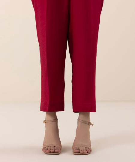 Women's Pret Viscose Raw Silk Solid Red Straight Pants