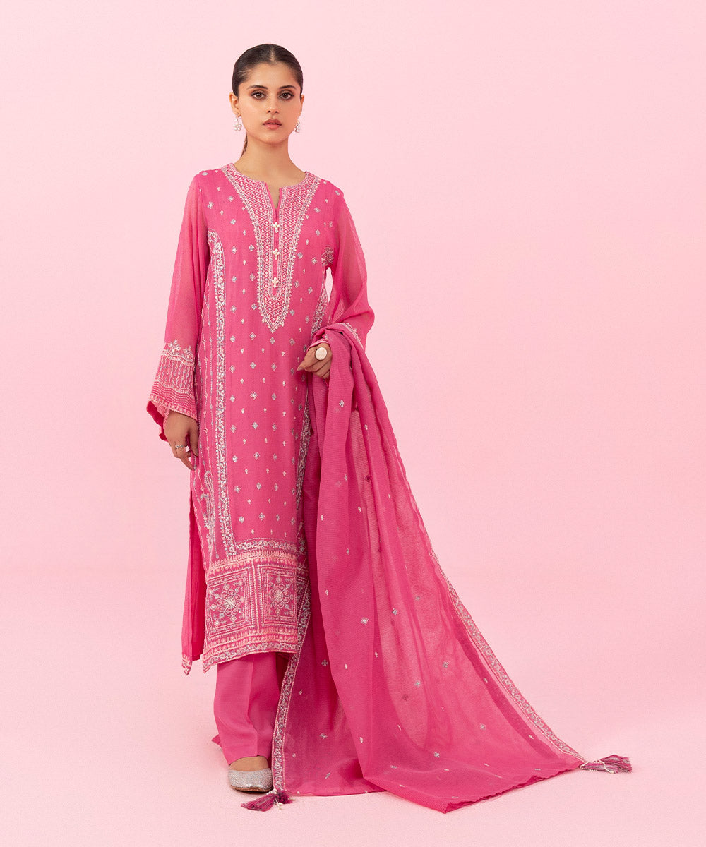 Women's Festive Pret Embroidered Silk Khaddi Net Pink 3 Piece Suit