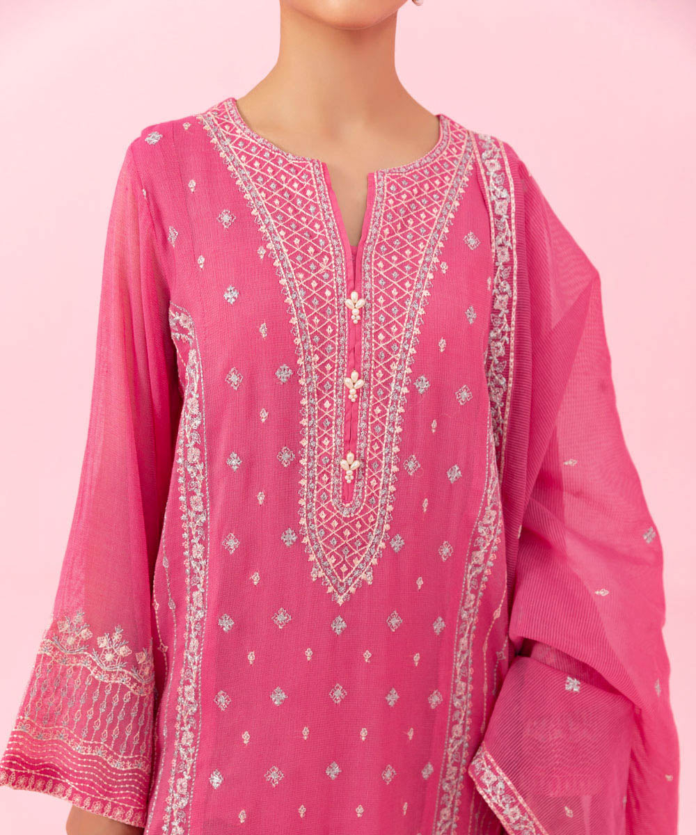 Women's Festive Pret Embroidered Silk Khaddi Net Pink 3 Piece Suit