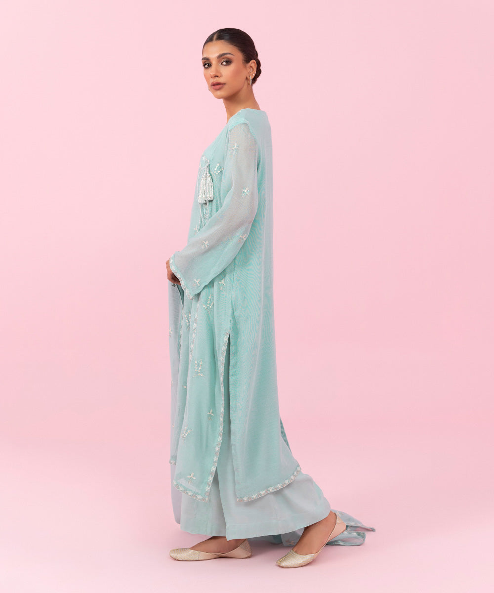 Women's Festive Pret Embroidered Silk Khaddi Net Blue 3 Piece Suit