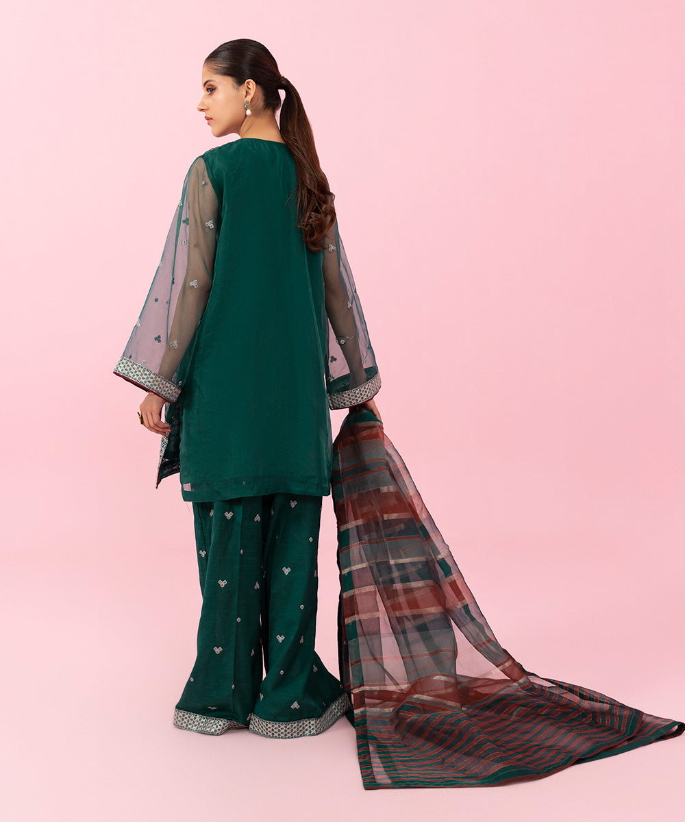 Women's Festive Pret Embroidered Organza Green 3 Piece Suit with Sharara