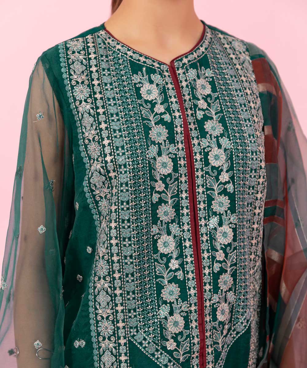 Women's Festive Pret Embroidered Organza Green 3 Piece Suit with Sharara