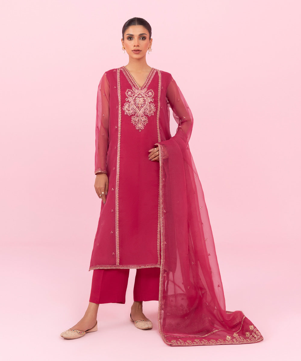 Women's Festive Pret Embroidered Organza Red 3 Piece Suit