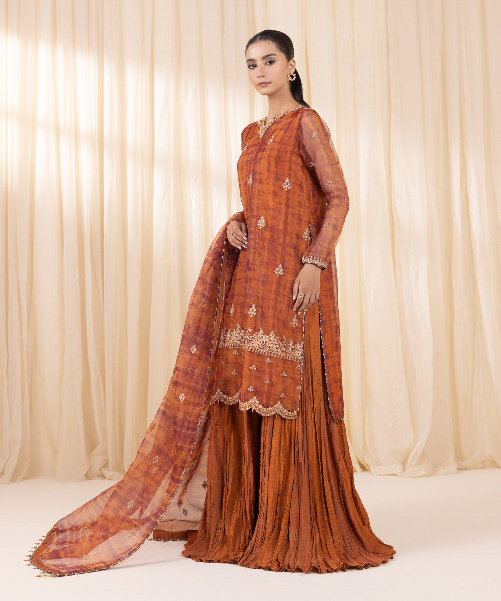 Women's Unstitched Rust Orange Blended Organza Three Piece Suit