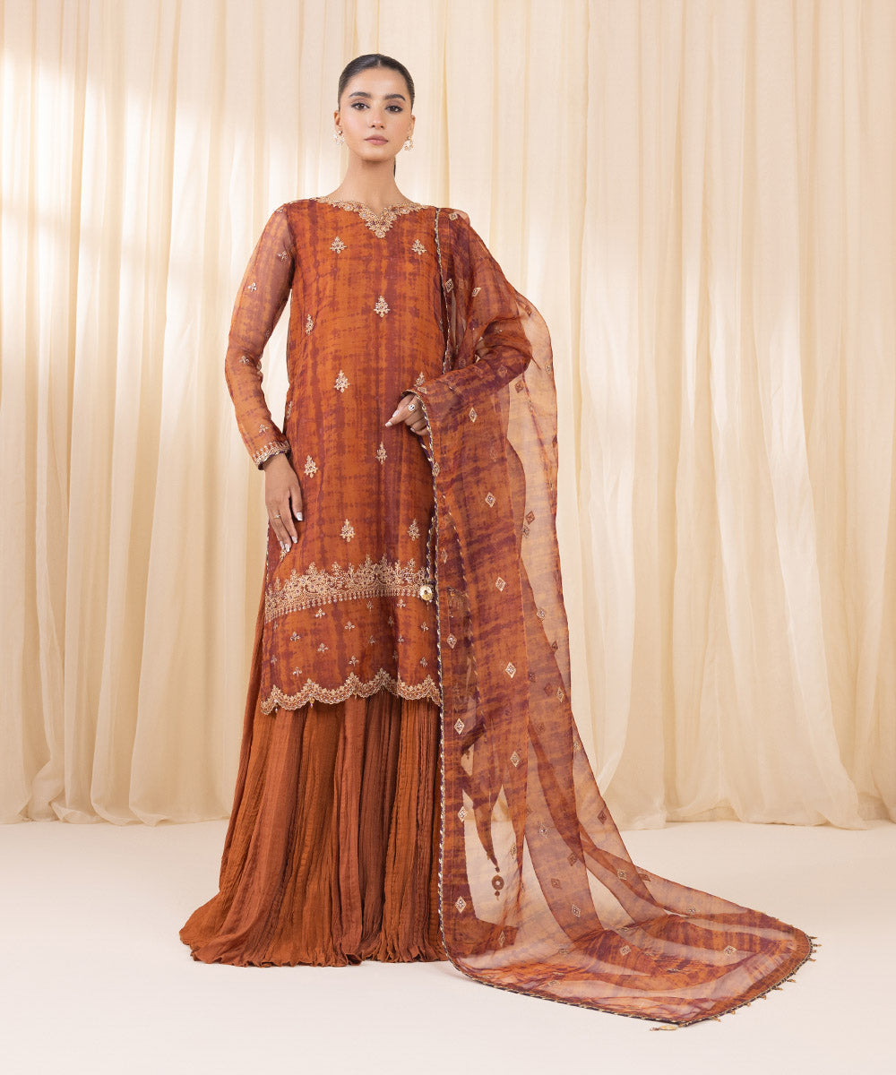 Women's Unstitched Rust Orange Blended Organza Three Piece Suit