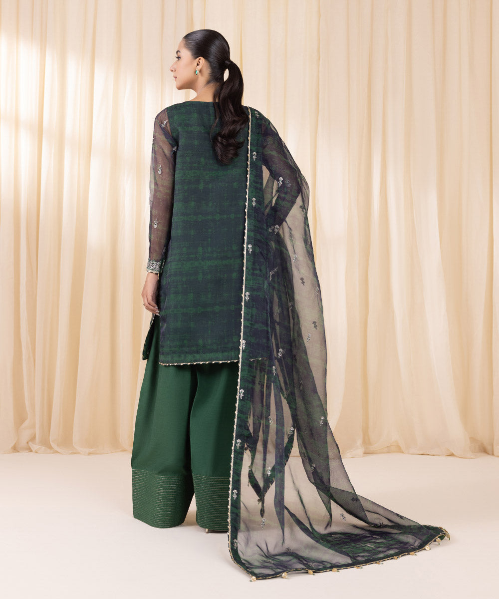 Women's Unstitched Bottle Green Blended Organza Three Piece Suit